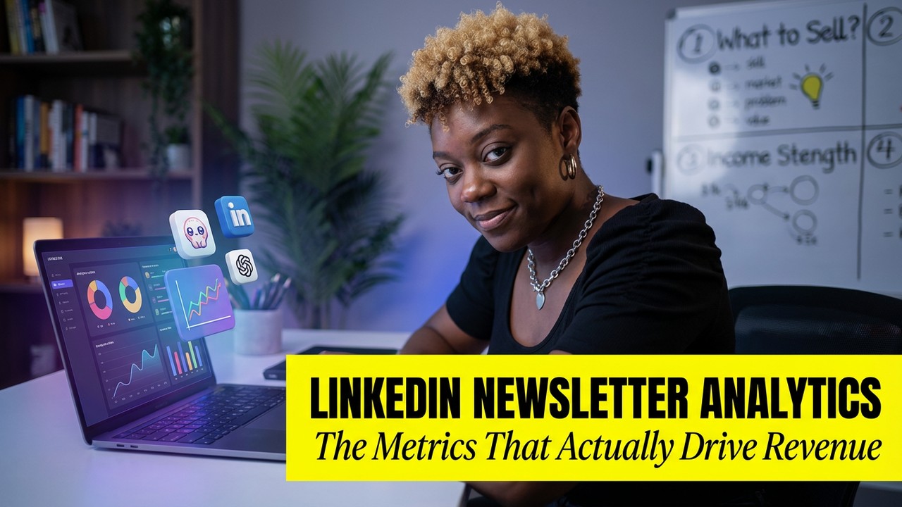 Chelena Peart reviewing LinkedIn newsletter analytics on a laptop